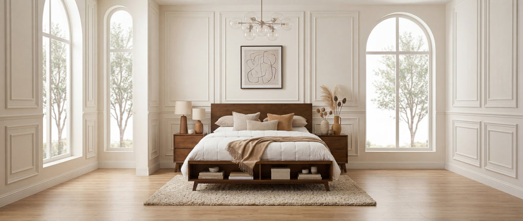 Walnut King Size Platform Bed Frame with Footboard Storage