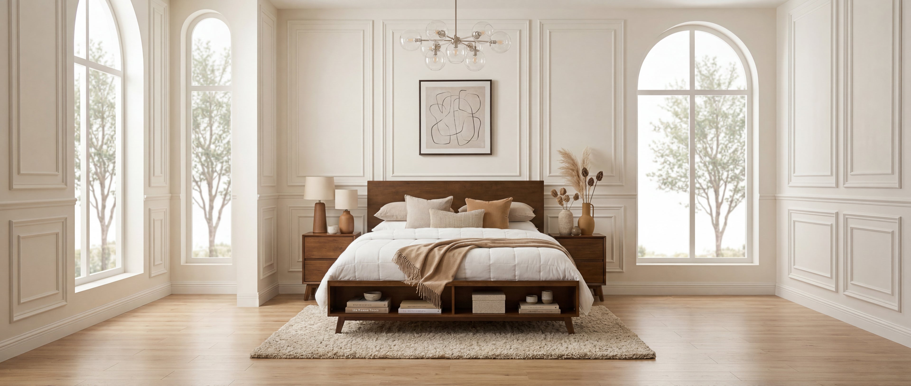 Walnut King Size Platform Bed Frame with Footboard Storage