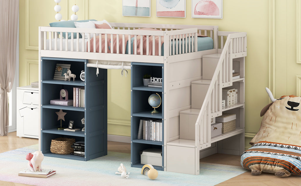 Full Size Loft Bed with 2 Four-layer Storage Cabinets and Curtain