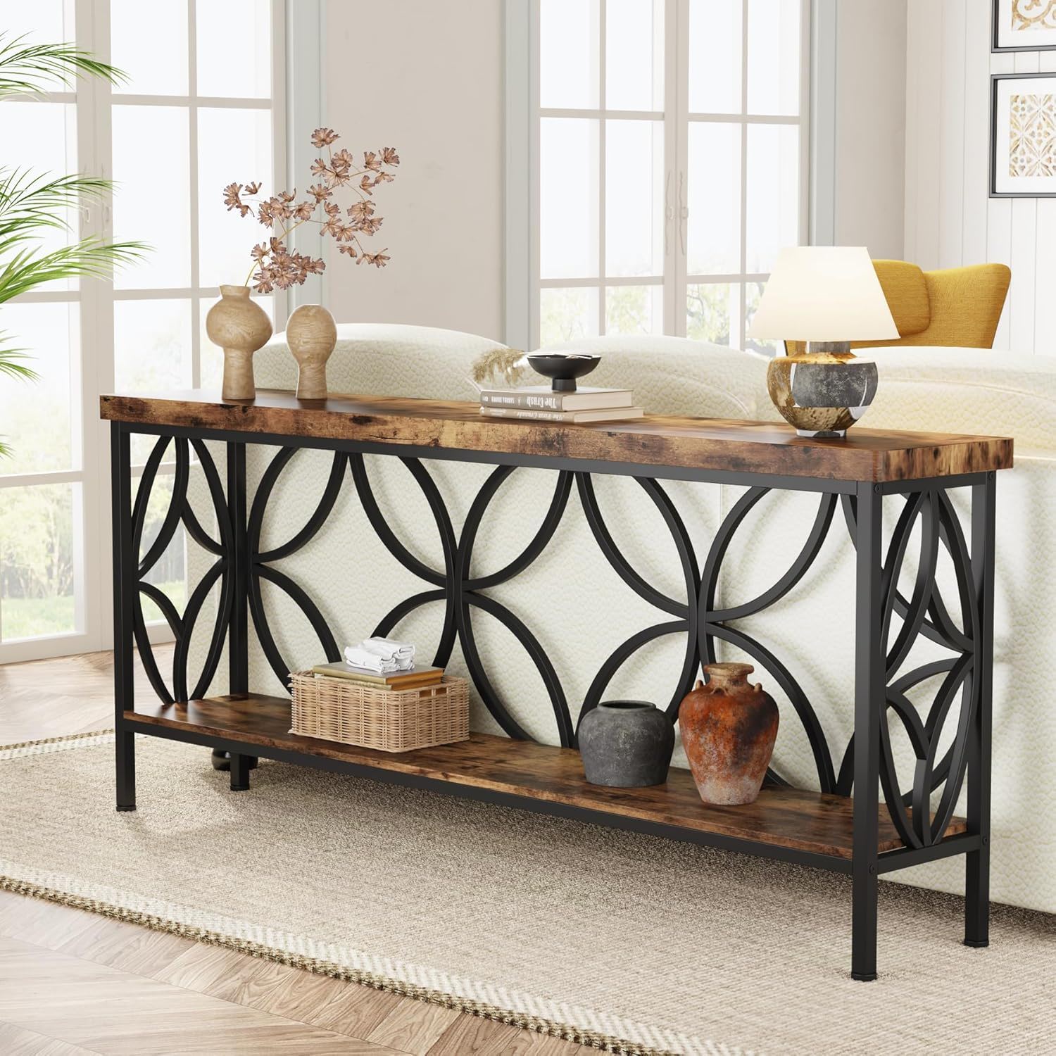 Extra Long Console Table With Open Storage Shelves