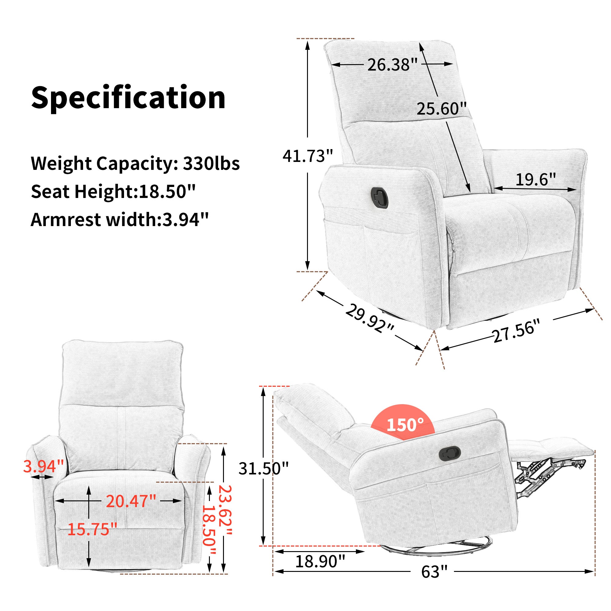 PU Rocking Recliner Chair with 360° Swivel