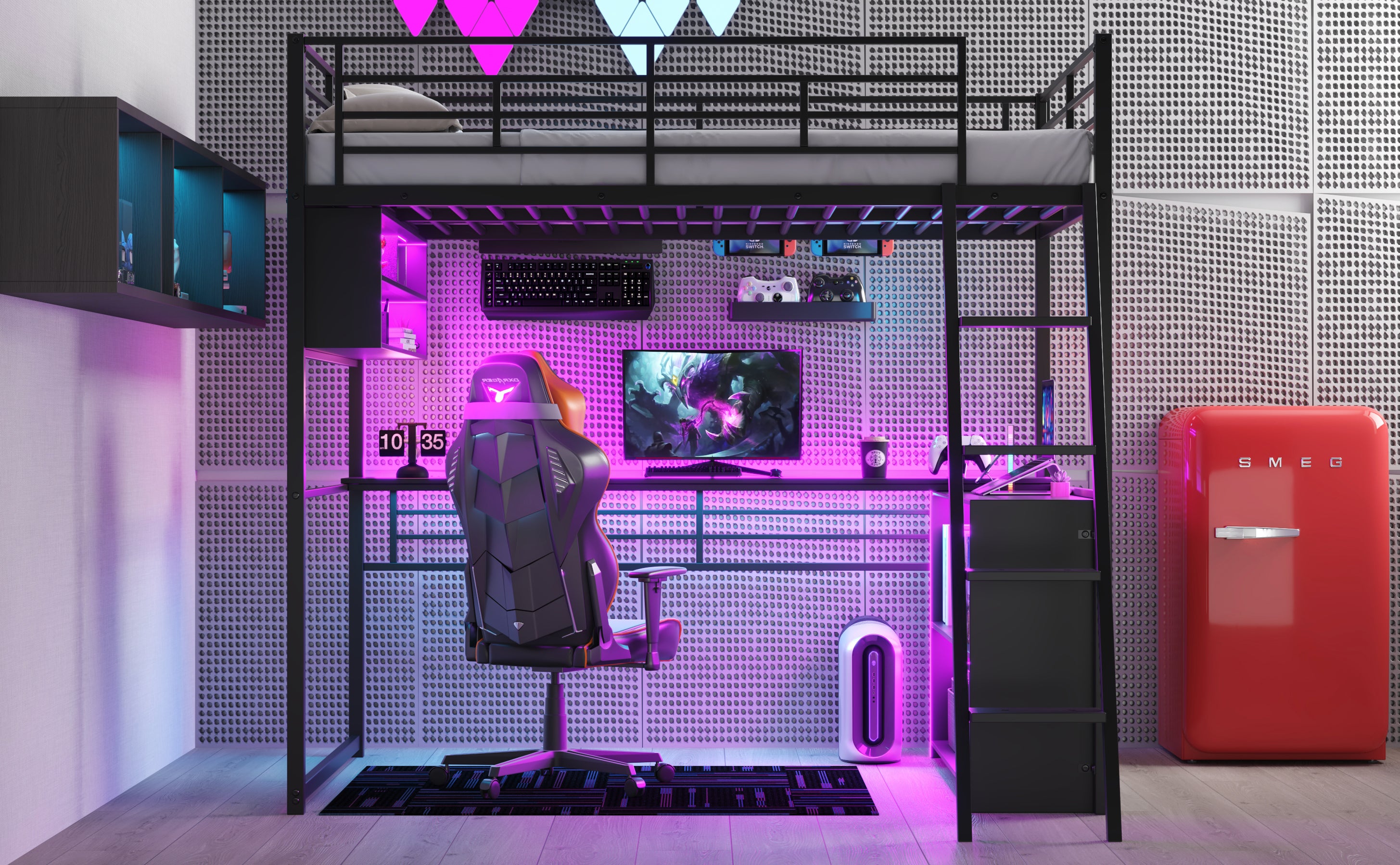 Full Size Metal Loft Bed With LED, Desk And 4 Storage Shelves