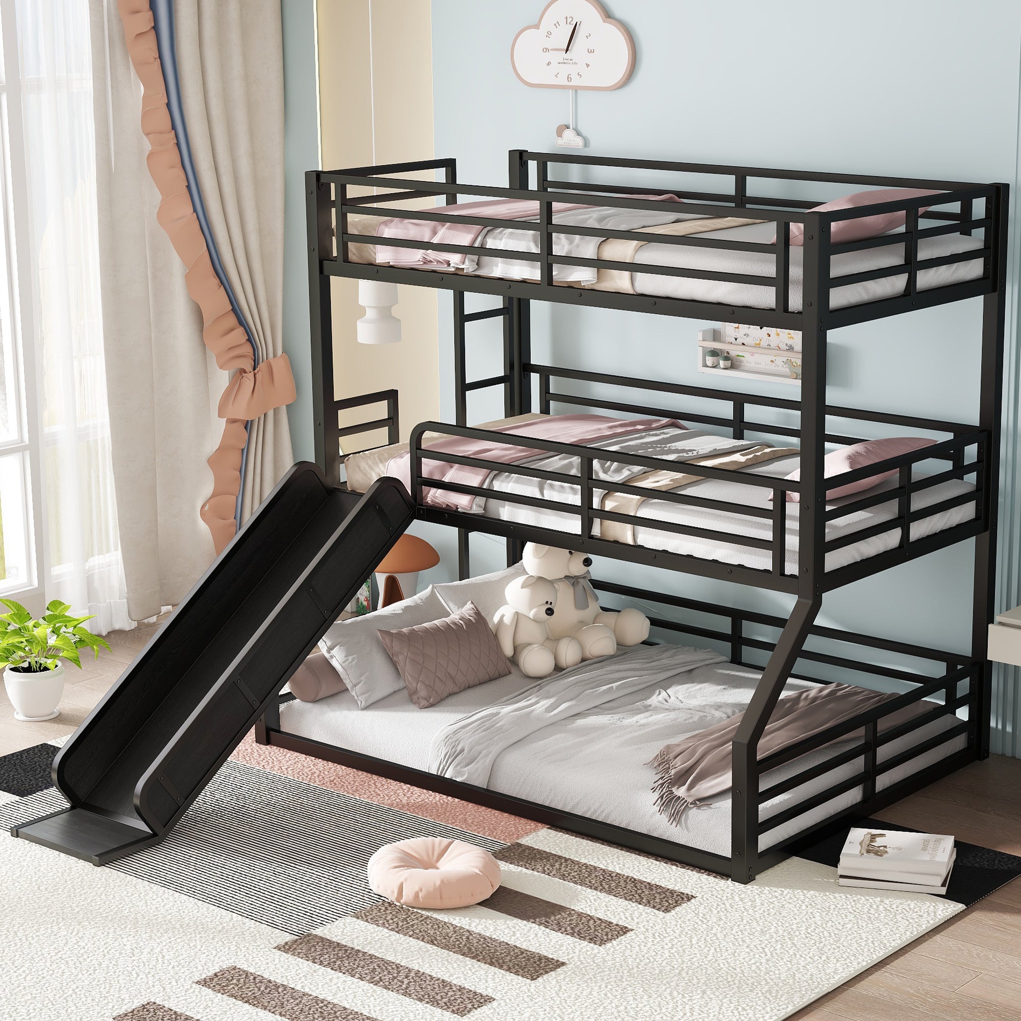 Metal Triple Bunk Bed with Slide