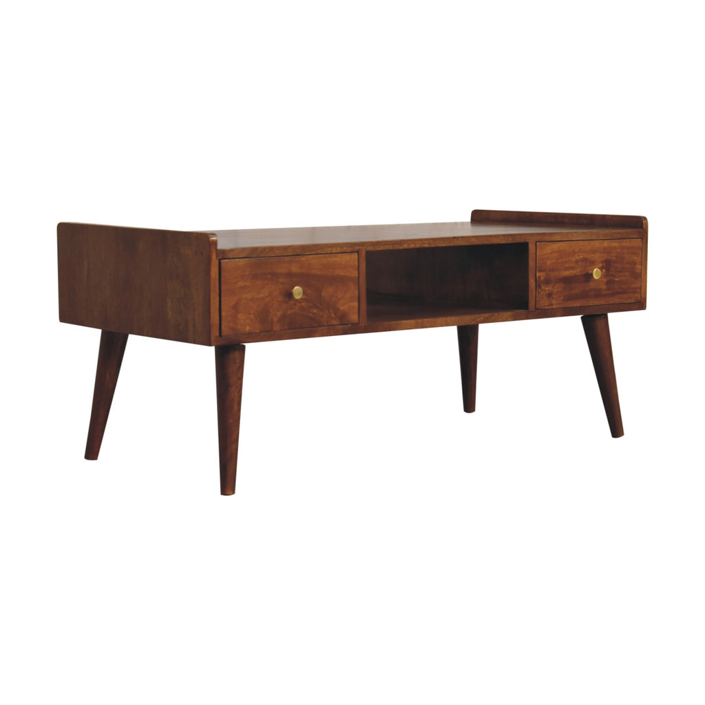 Elevated Chestnut Media Unit, 2-Drawers, 1 Open-Slot, Nordic Legs