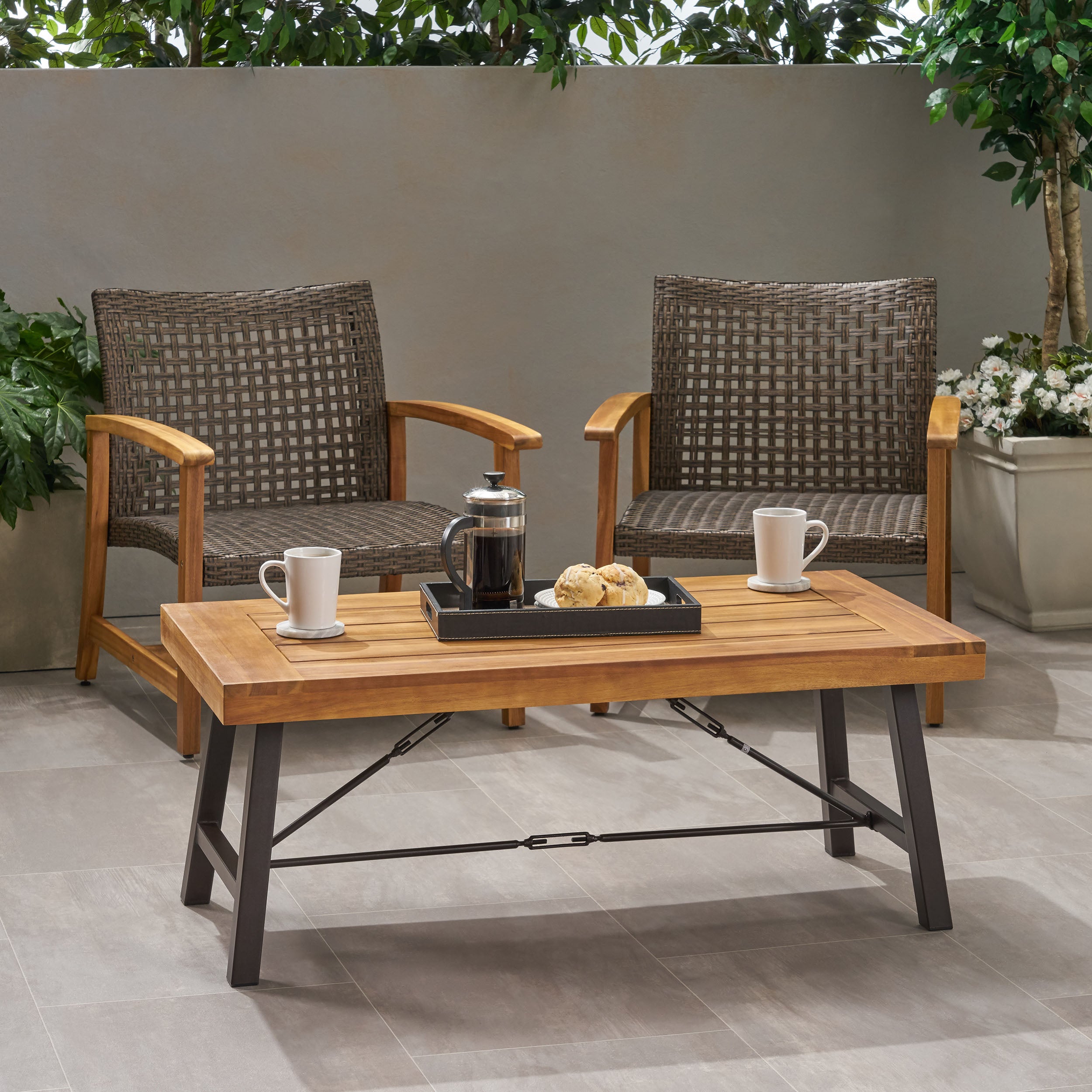 Outdoor Acacia Wood Coffee Table, Teak Finish / Rustic Metal