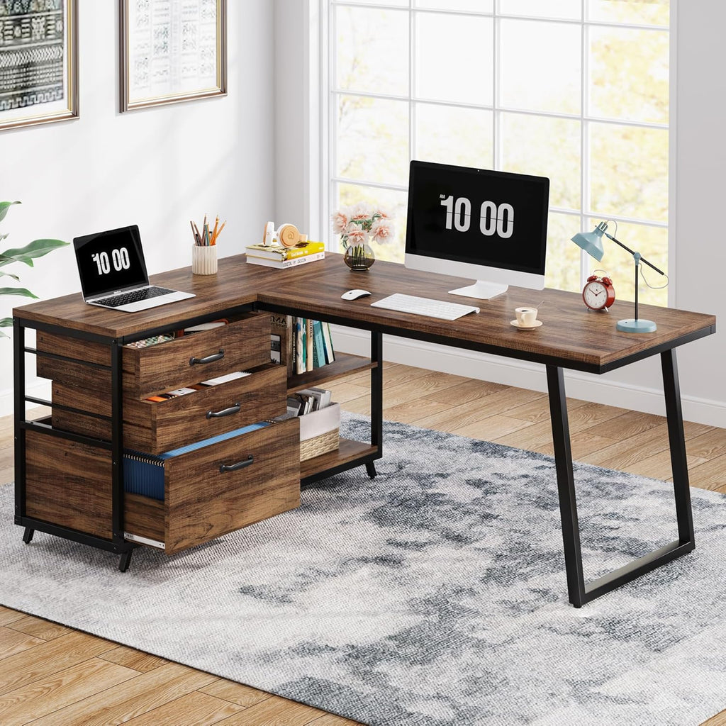 53" Reversible L-Shaped Computer Desk with 3 Drawers
