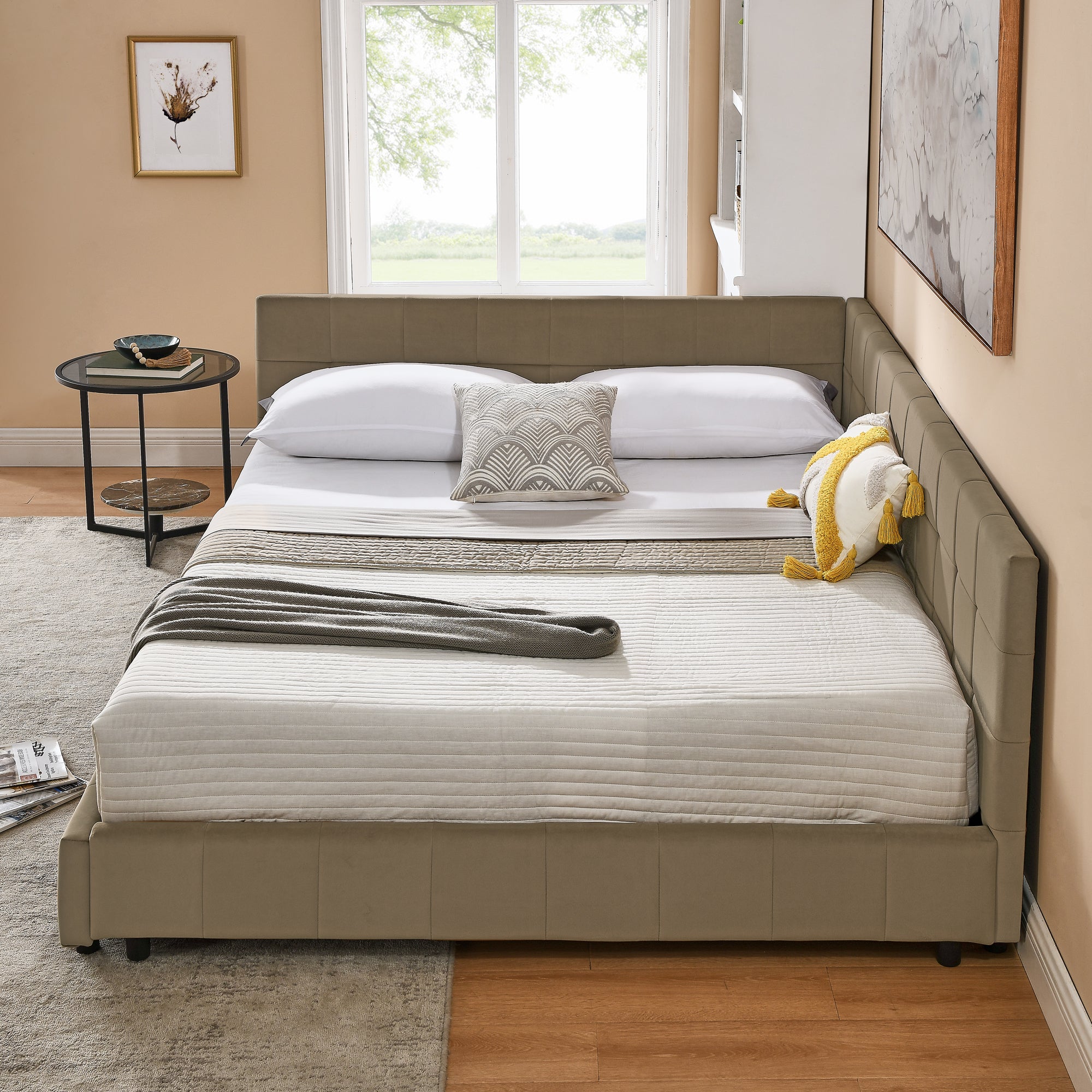 Queen Size Upholstered Tufted Bed Frame in Velvet Brown