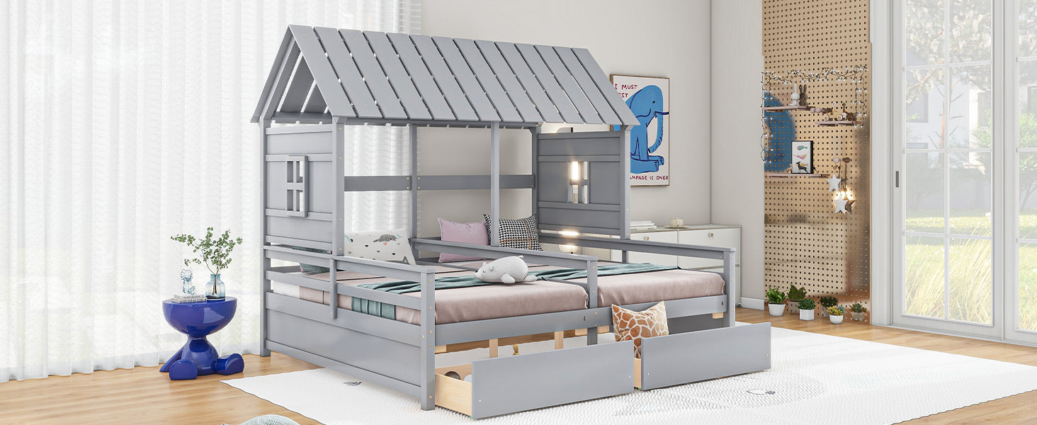 Twin Size House Platform Beds with Storage Drawers