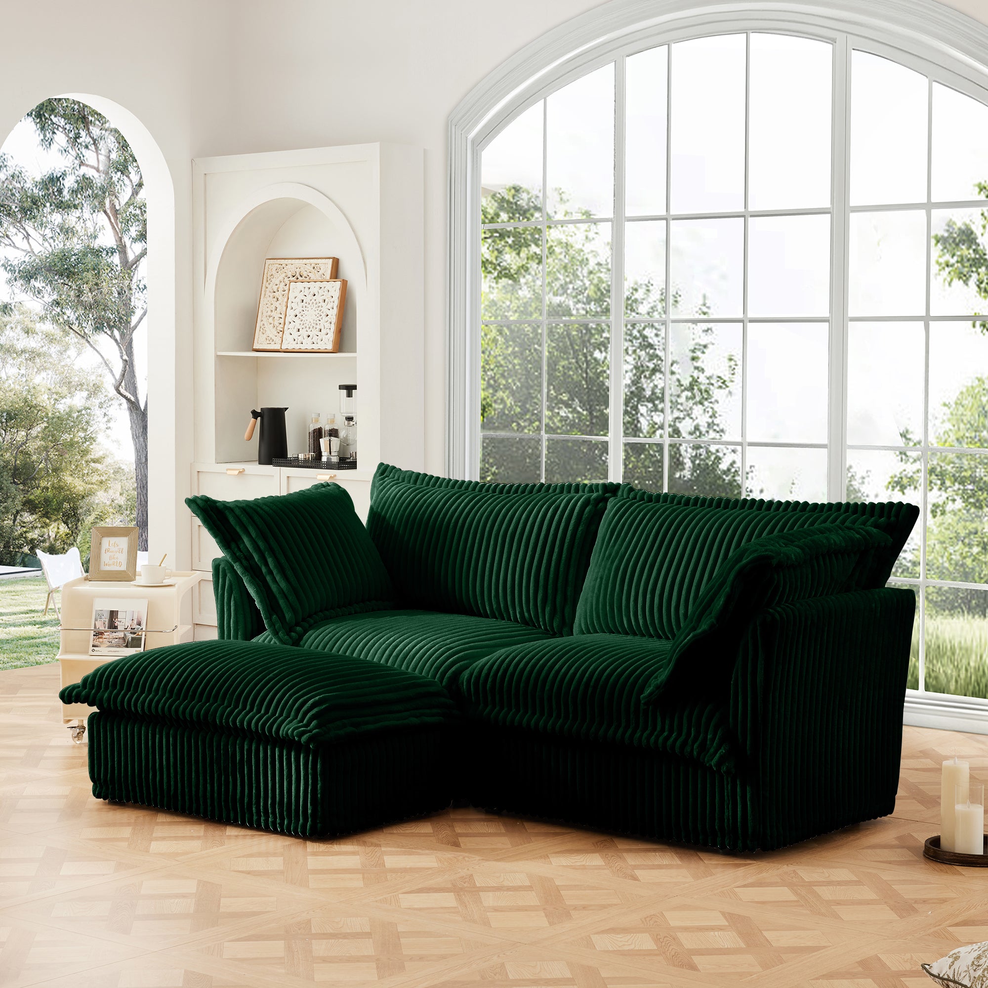 Slipcovered Sectional 2 Seater Sofa Couch with Convertible Ottoman
