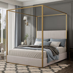 Modern Luxury Metal Canopy Bed with Tall Corduroy Upholstered Headboard