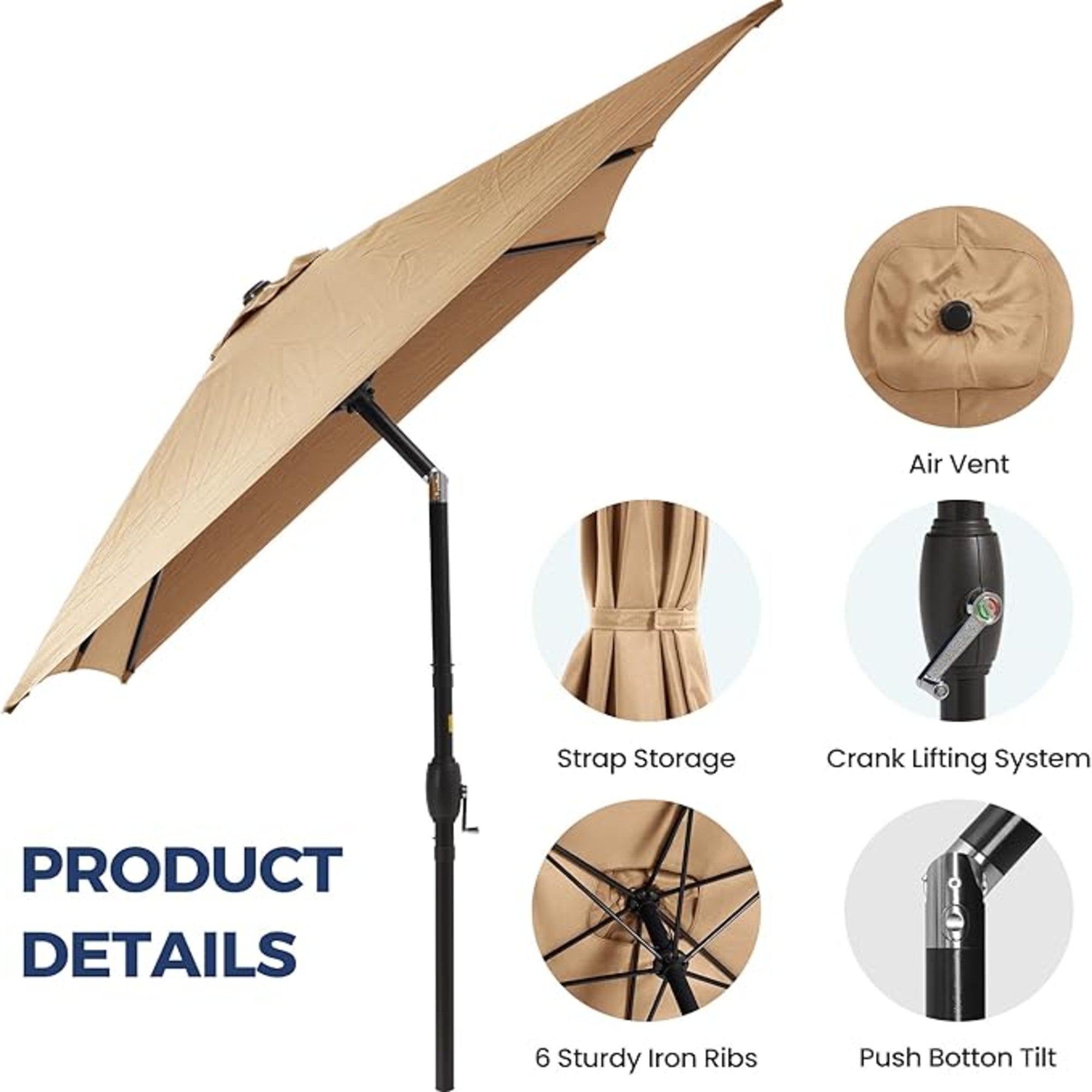 6.5 x 10 ft Khaki Rectangular Patio Umbrella