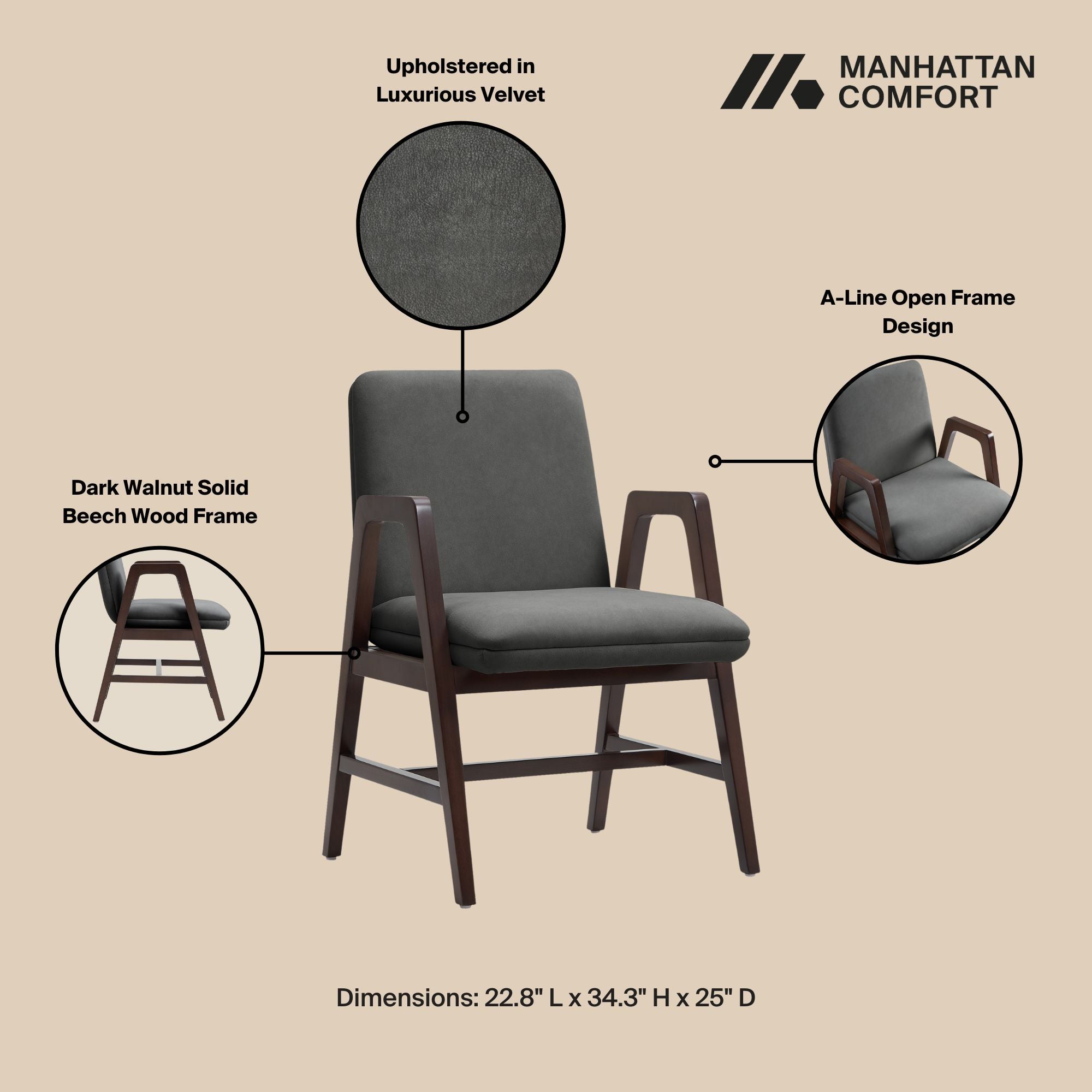Stella Wood Velvet Armchair in Graphite