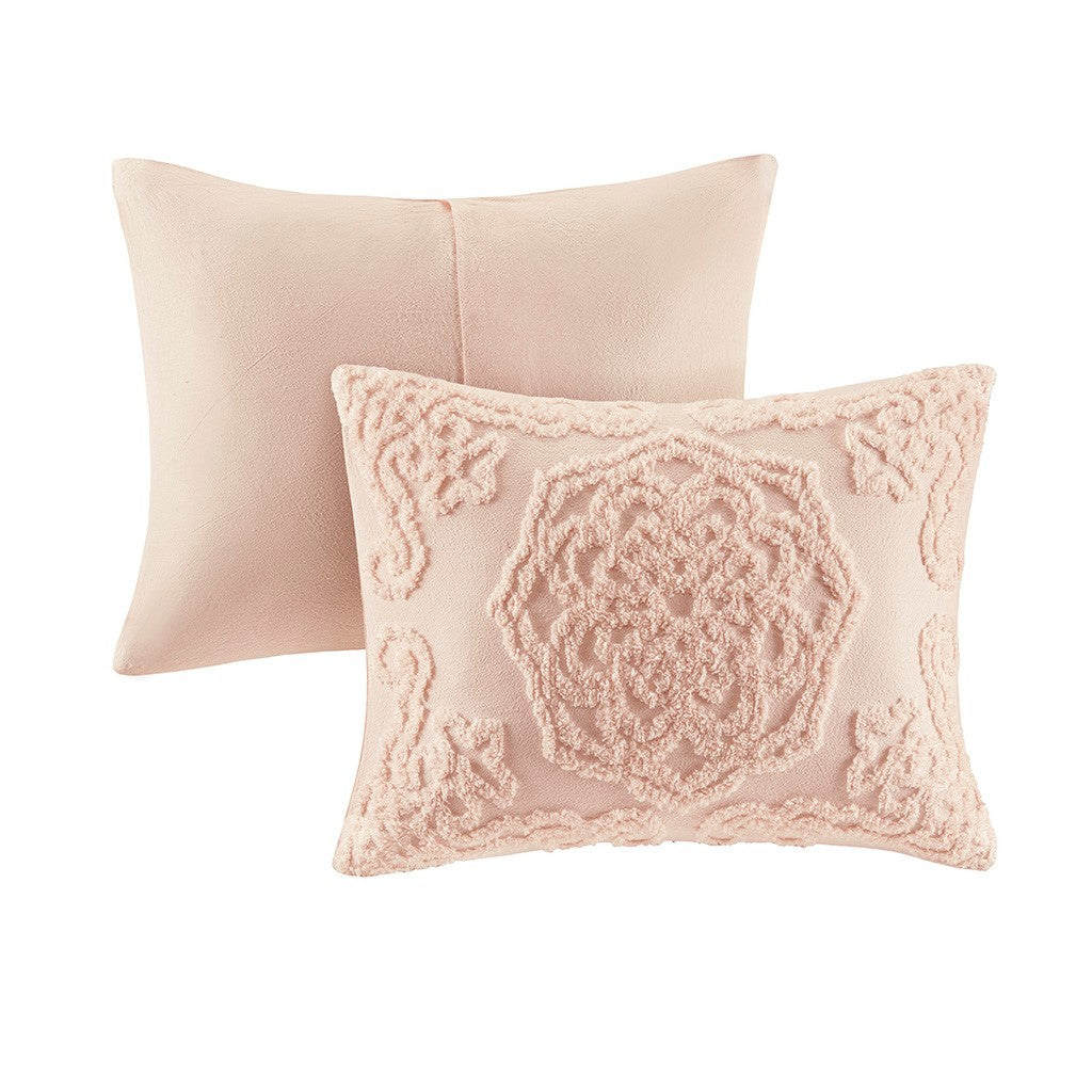 Tufted Cotton Chenille Medallion Fringe Coverlet Mini Set Blush Full/Queen