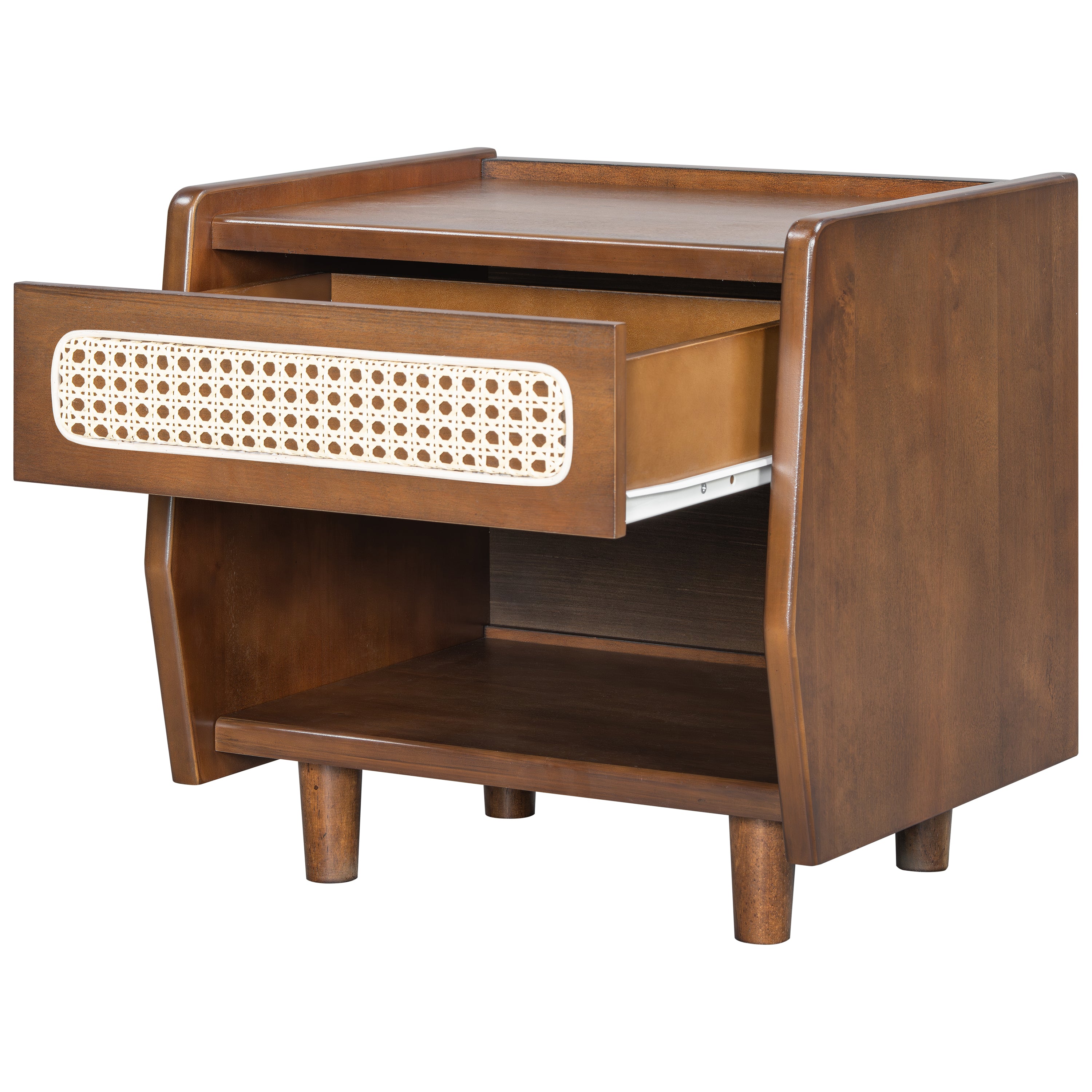 Walnut Nightstand with Rattan Detail