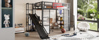 Full Size Metal Loft Bed with Built-in Desk, Open Wardrobe, Basketball Hoop, Slide and Staircase