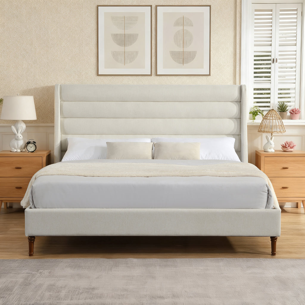 King Size Bed Frame with High Wave-Shaped Headboard