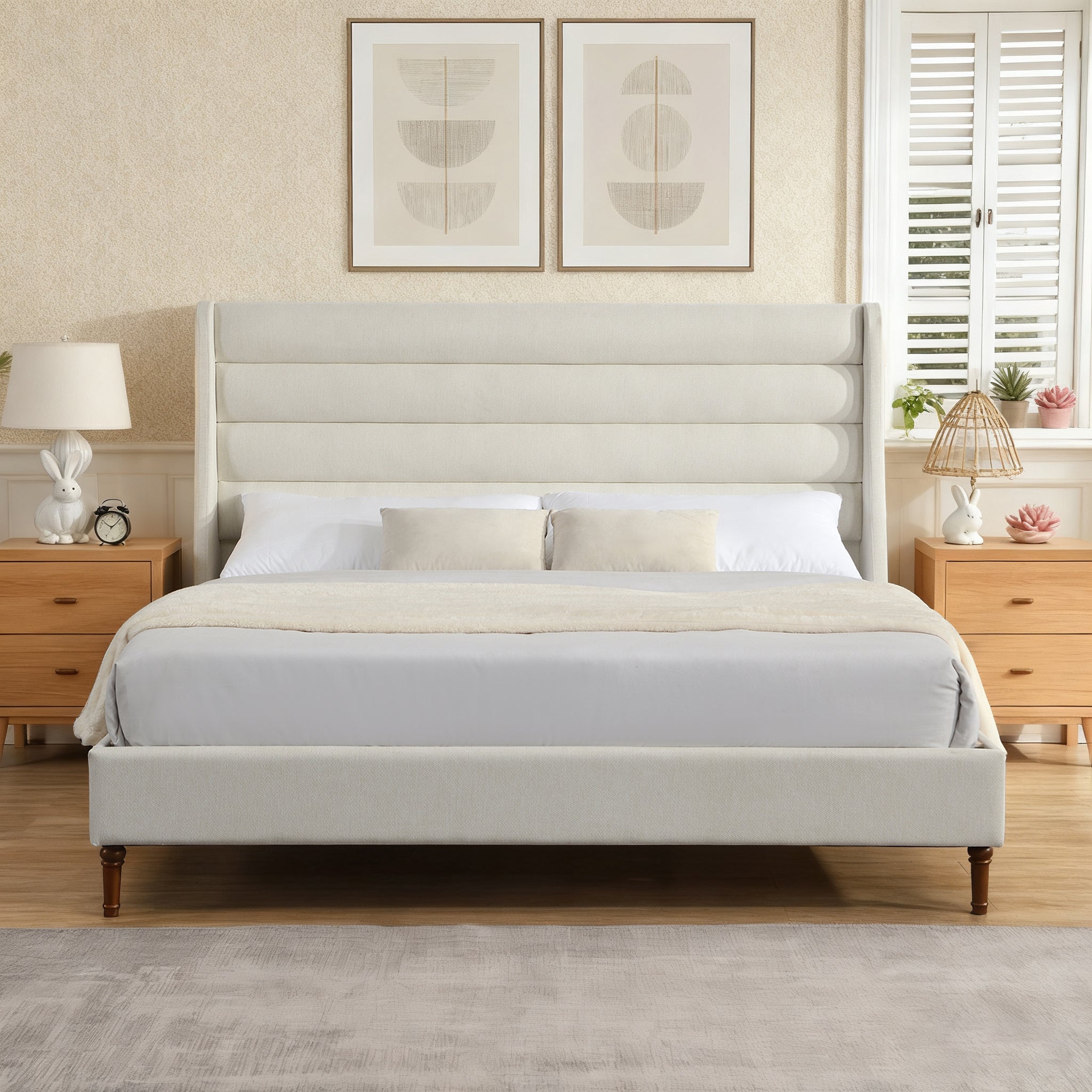 King Size Bed Frame with High Wave-Shaped Headboard