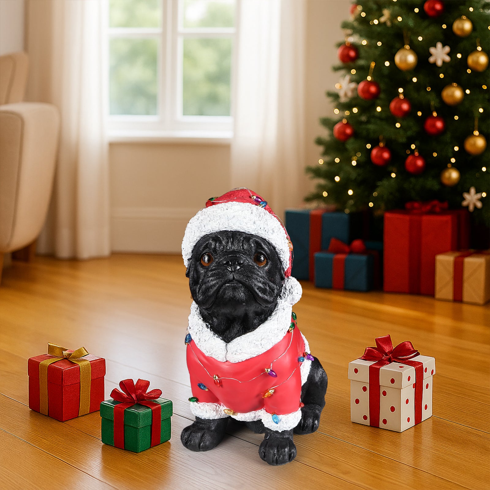 Christmas Pug Statue, Holiday Dog Figurine in Santa Outfit