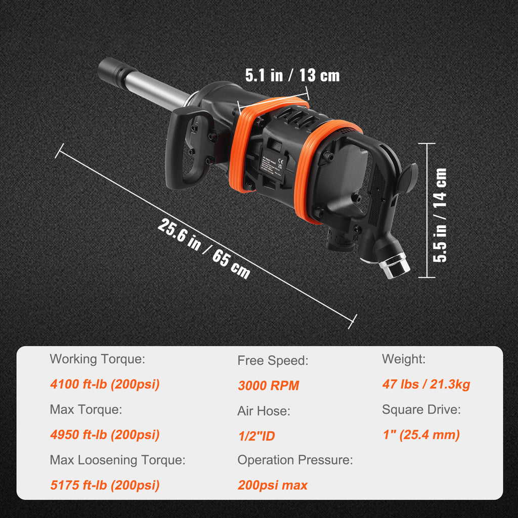 1 Inch Air Impact Wrench, Up to 5175 ft-lbs Torque Output