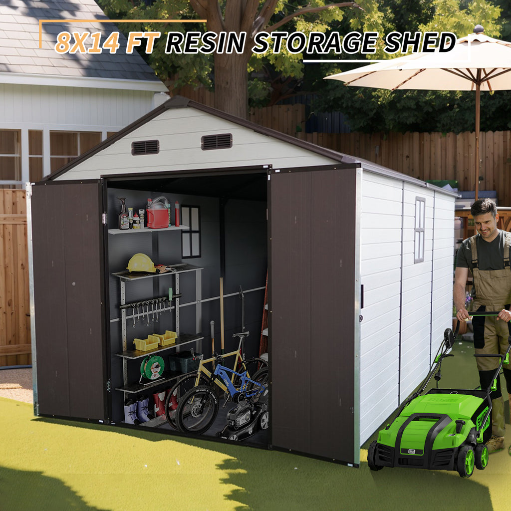 8x14x7.6 Ft Outdoor Resin Storage Shed with Windows