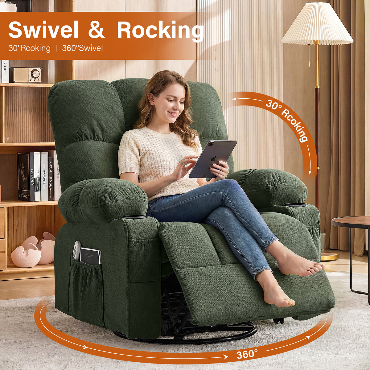 Massage Swivel Recliner Chair with Vibration Massage and Lumbar Heating for Adults,350LBS Oversized Rocker Recliner Single Sofa with Side Pocket,cup holder and USB Charge Port for Living Room