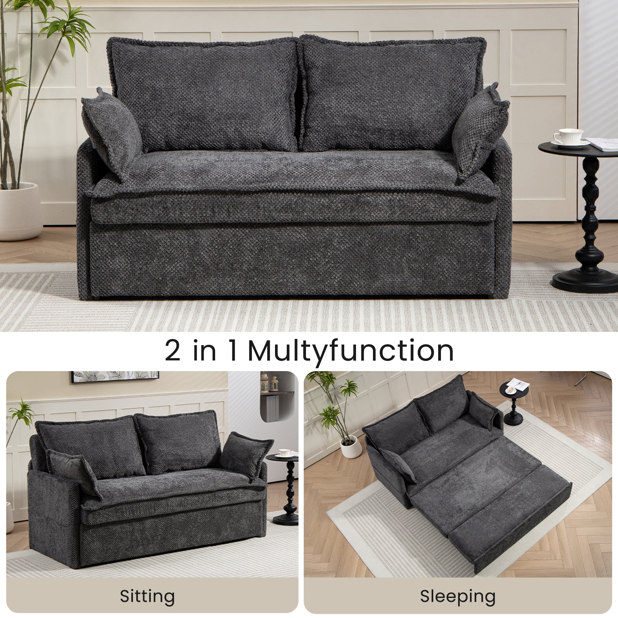 59.5" Ergonomic Sofa Bed with Storage & Charging