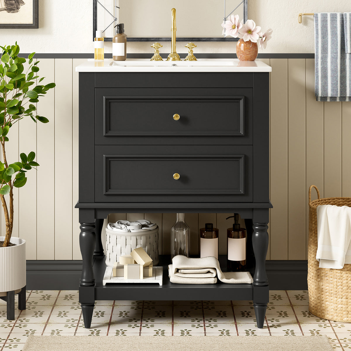 24-Inch Bathroom Vanity with Ceramic Sink, Retro Design, Black