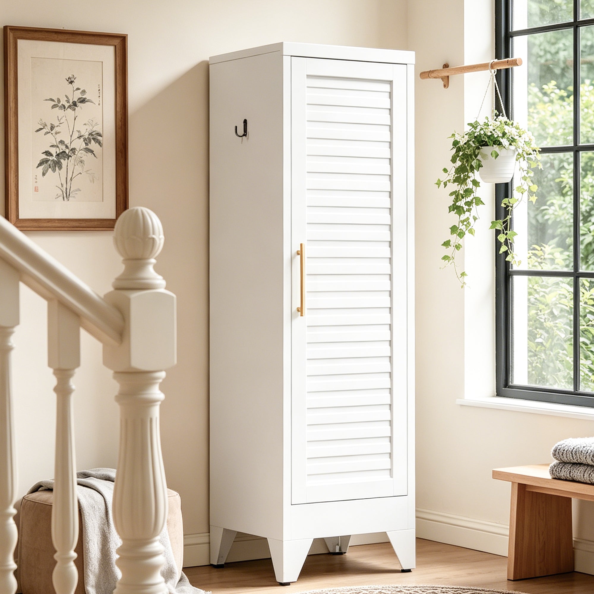 Narrow Metal Storage Closet with Single Louvered Door
