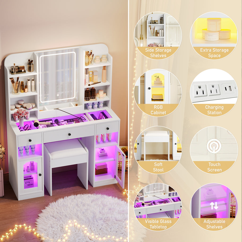 43.2" Vanity Desk with LED Mirror and RGB Light Cabinets