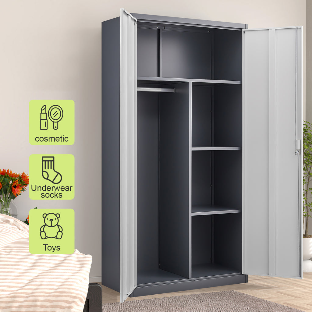 Gray Steel Lockable Large Capacity Wardrobe with Hanging Rod & Shelves
