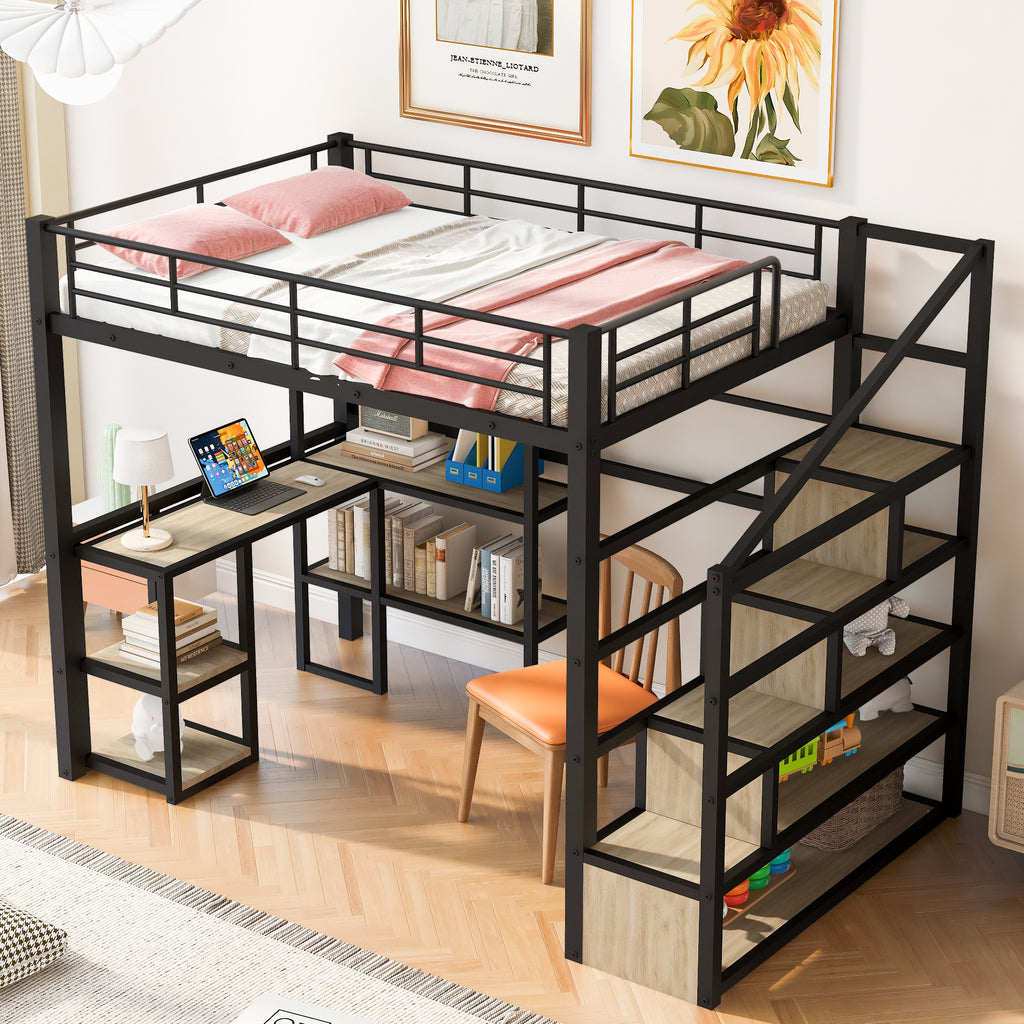 Full Size Metal Loft Bed with Staircase, Built-in Desk and Shelves
