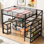 Full Size Metal Loft Bed with Staircase, Built-in Desk and Shelves