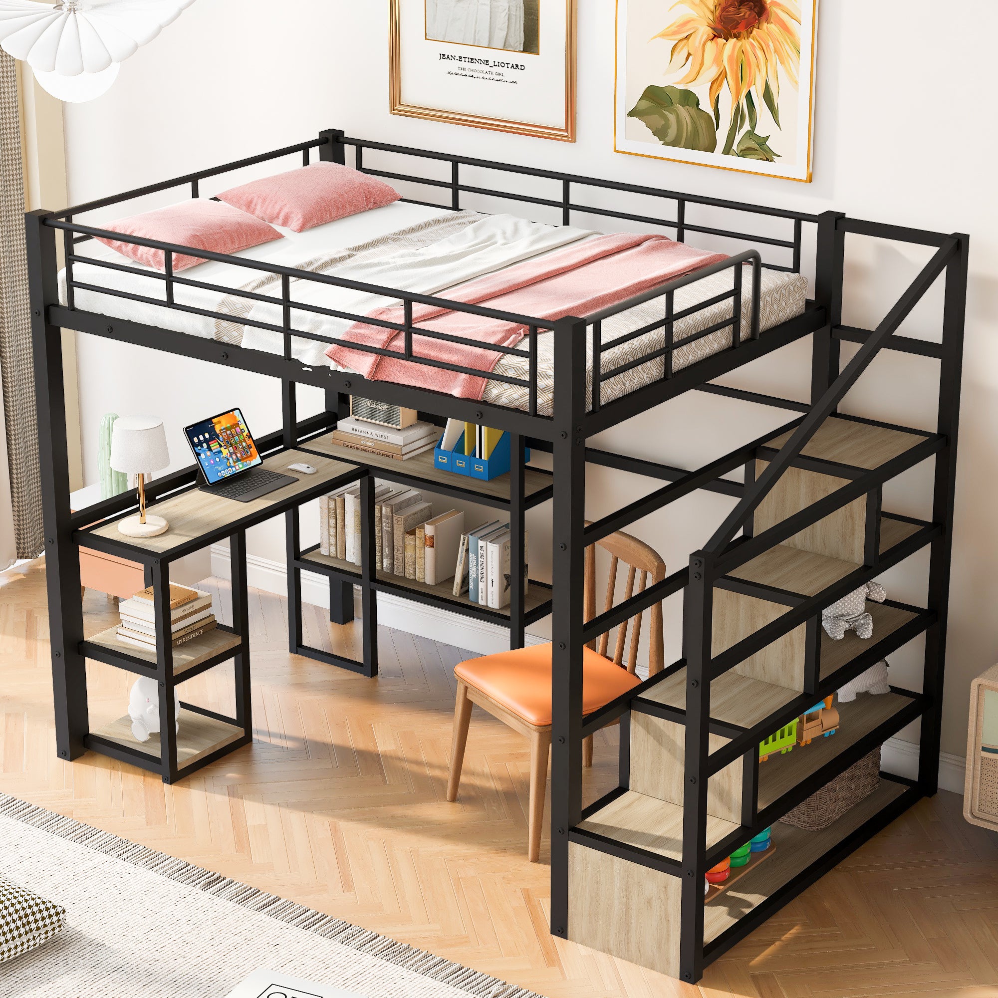 Full Size Metal Loft Bed with Staircase, Built-in Desk and Shelves
