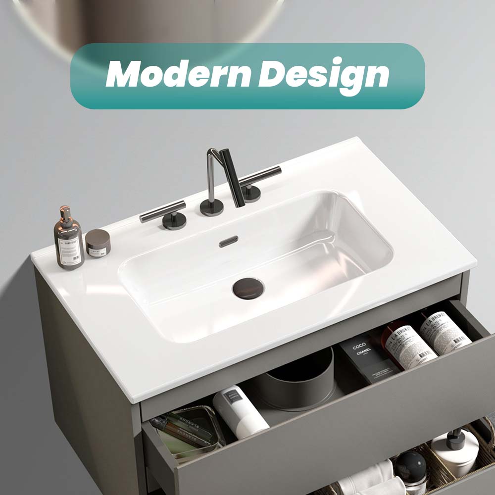 Glossy White Ceramic Integrated Bathroom Sink