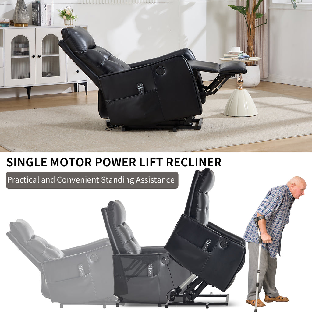 Black PU Single Motor Power Lift Recliner Chair with Massage and Heat