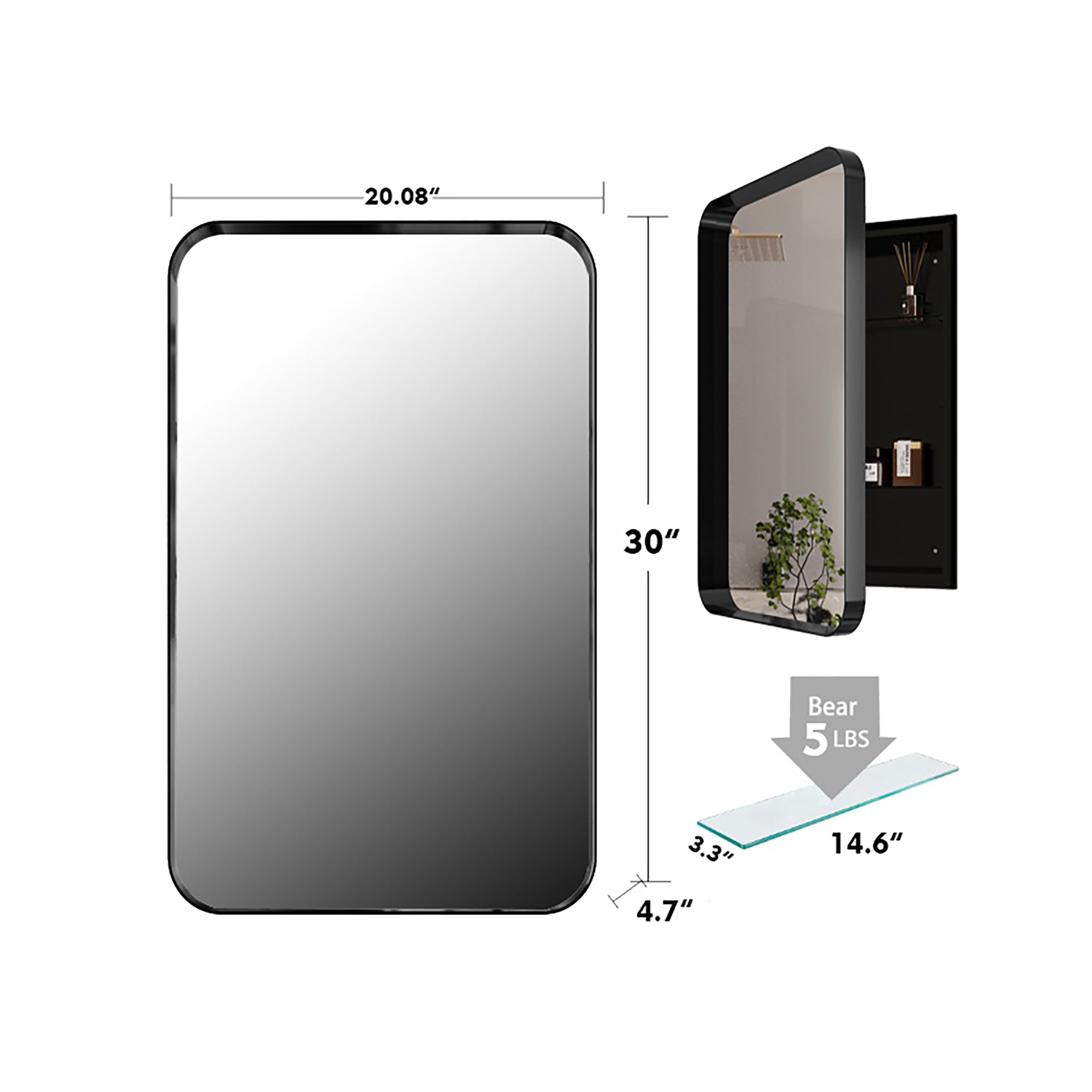 20x30 Inch Recessed Black Metal Framed Medicine Cabinet