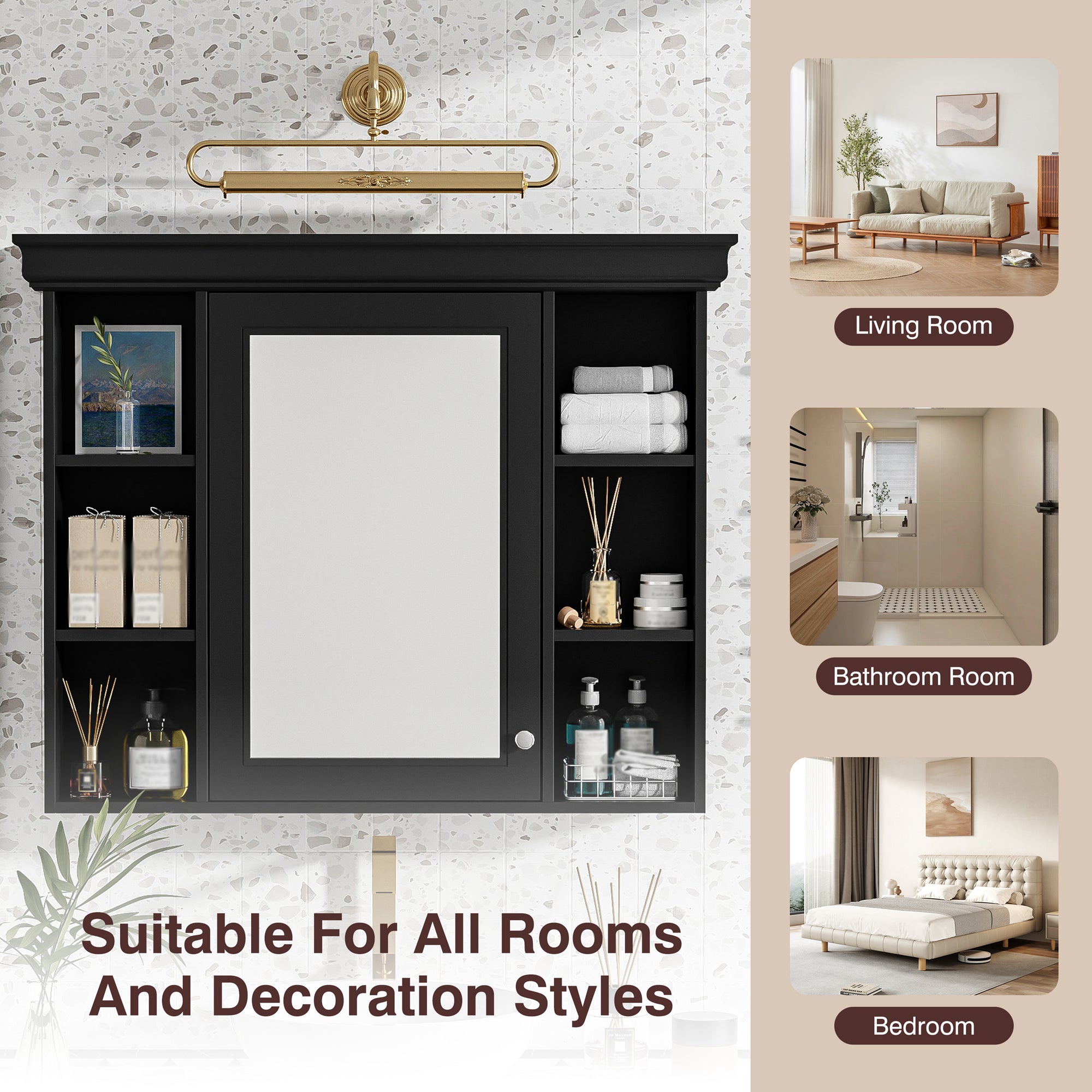 35'' x 28'' Black Wall Mounted Bathroom Storage Cabinet with Mirror Door