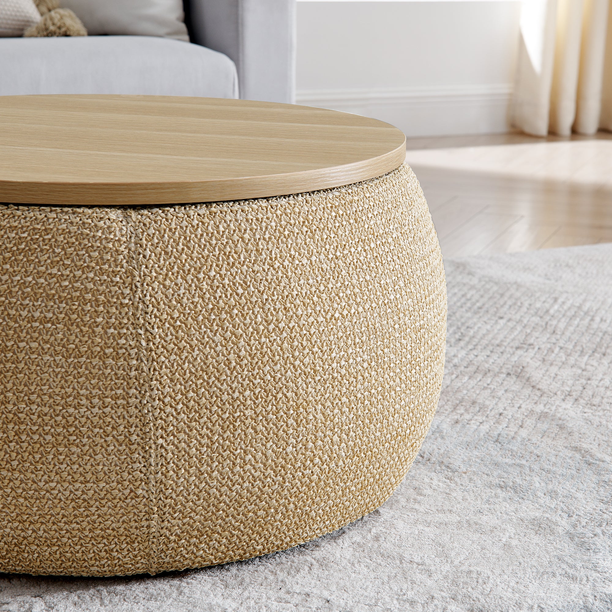 Round Storage Ottoman, Woven Rattan Fabric