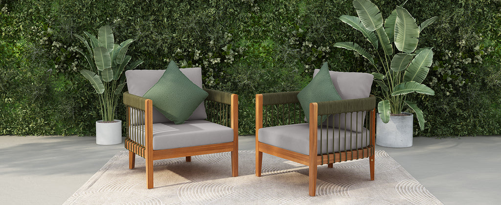 Set of 2 Acacia Wood Outdoor Club Chair with Handwoven Rope Accents