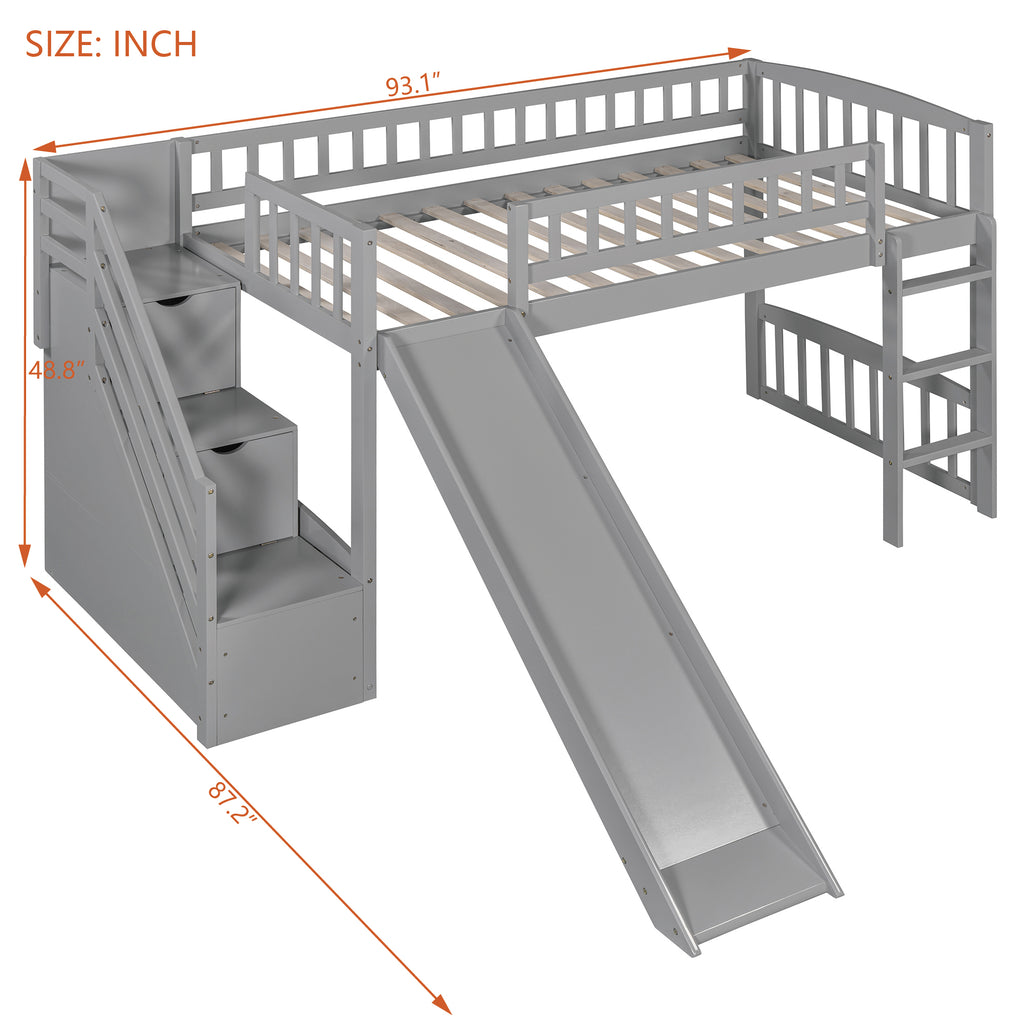 Stairway Twin Size Loft Bed with Two Drawers and Slide, Gray