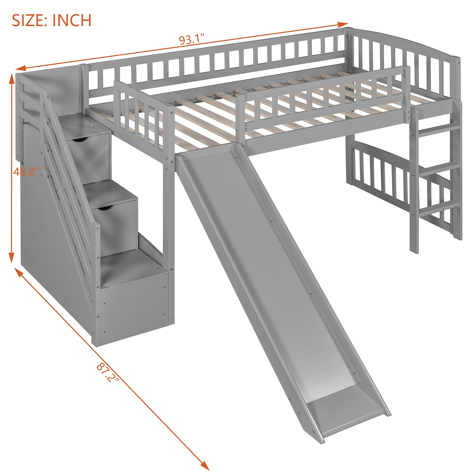 Stairway Twin Size Loft Bed with Two Drawers and Slide, Gray