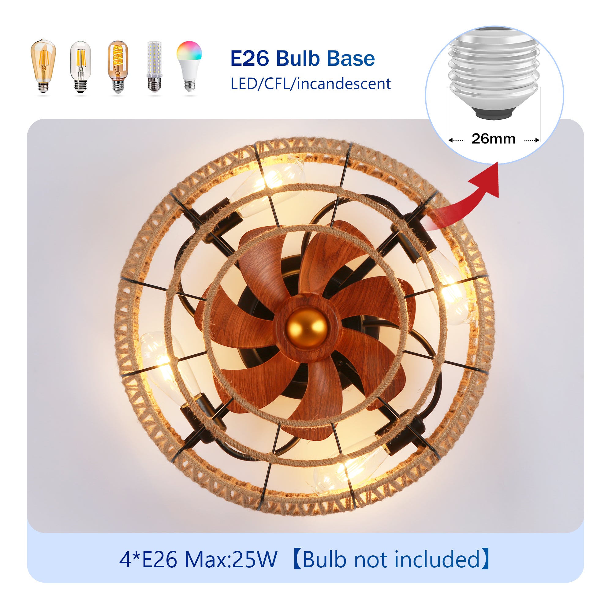 20" Rope Caged Flush Mount Ceiling Fan with Light Kit