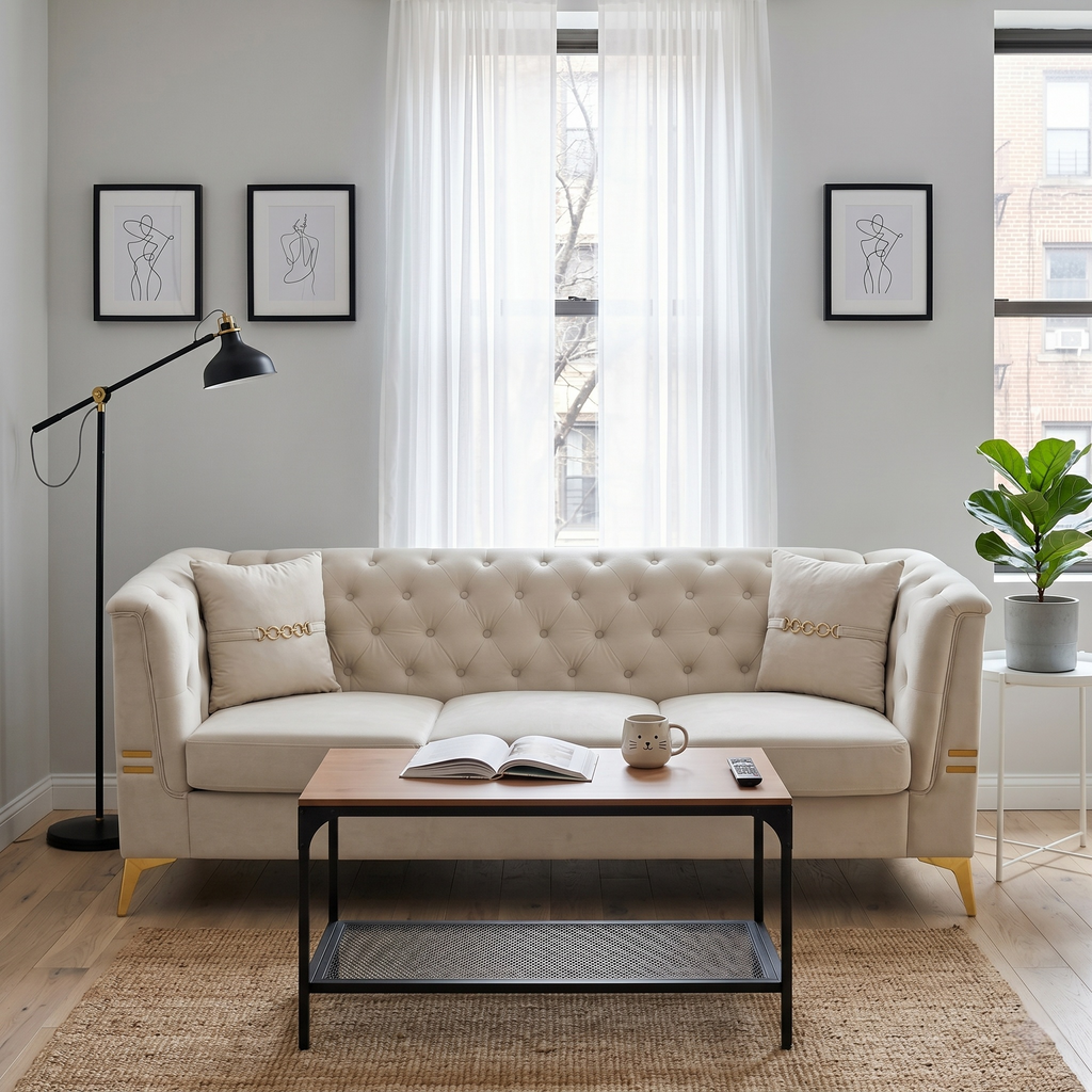 Contemporary Faux Sherpa Fabric Sofa With Pillows