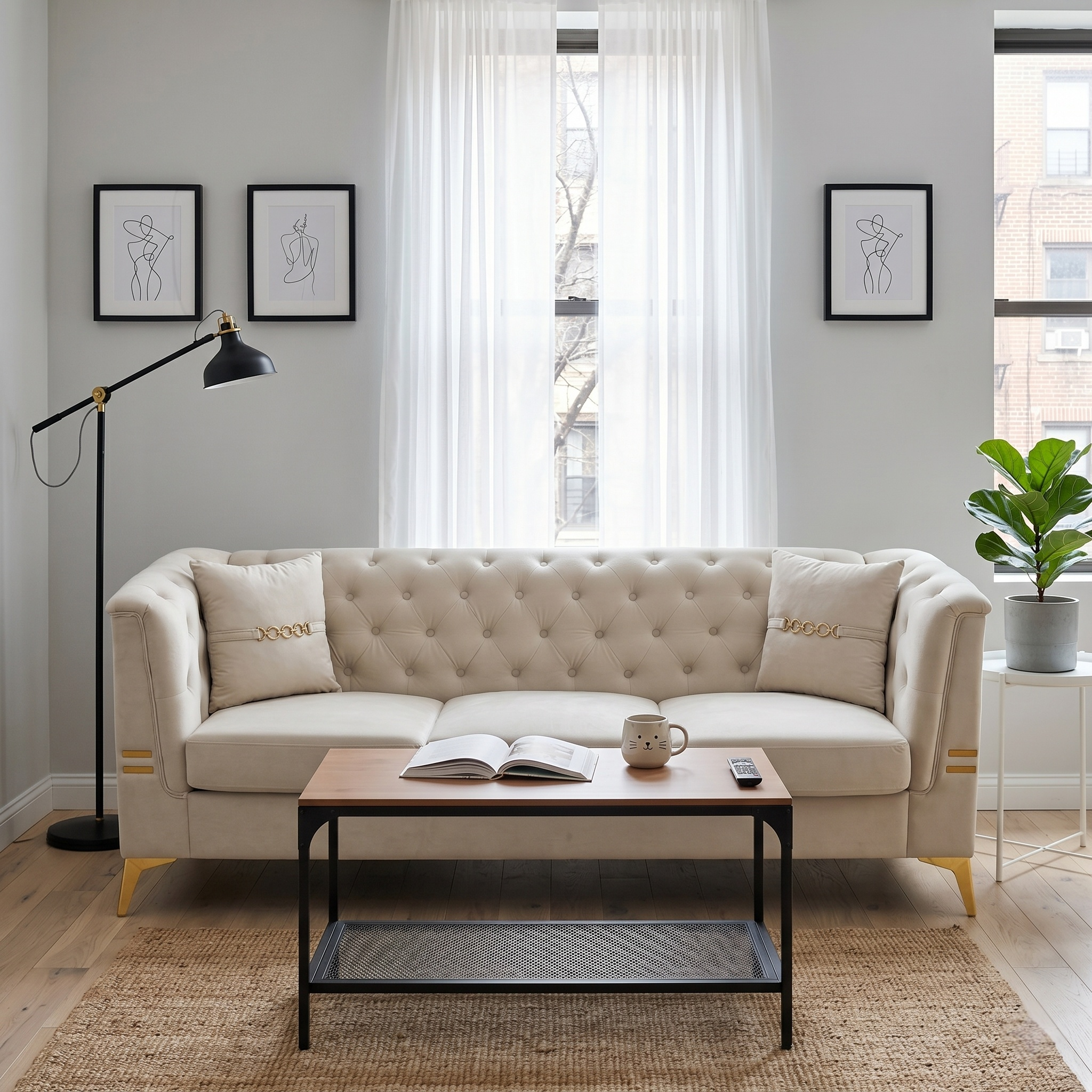 Contemporary Faux Sherpa Fabric Sofa With Pillows