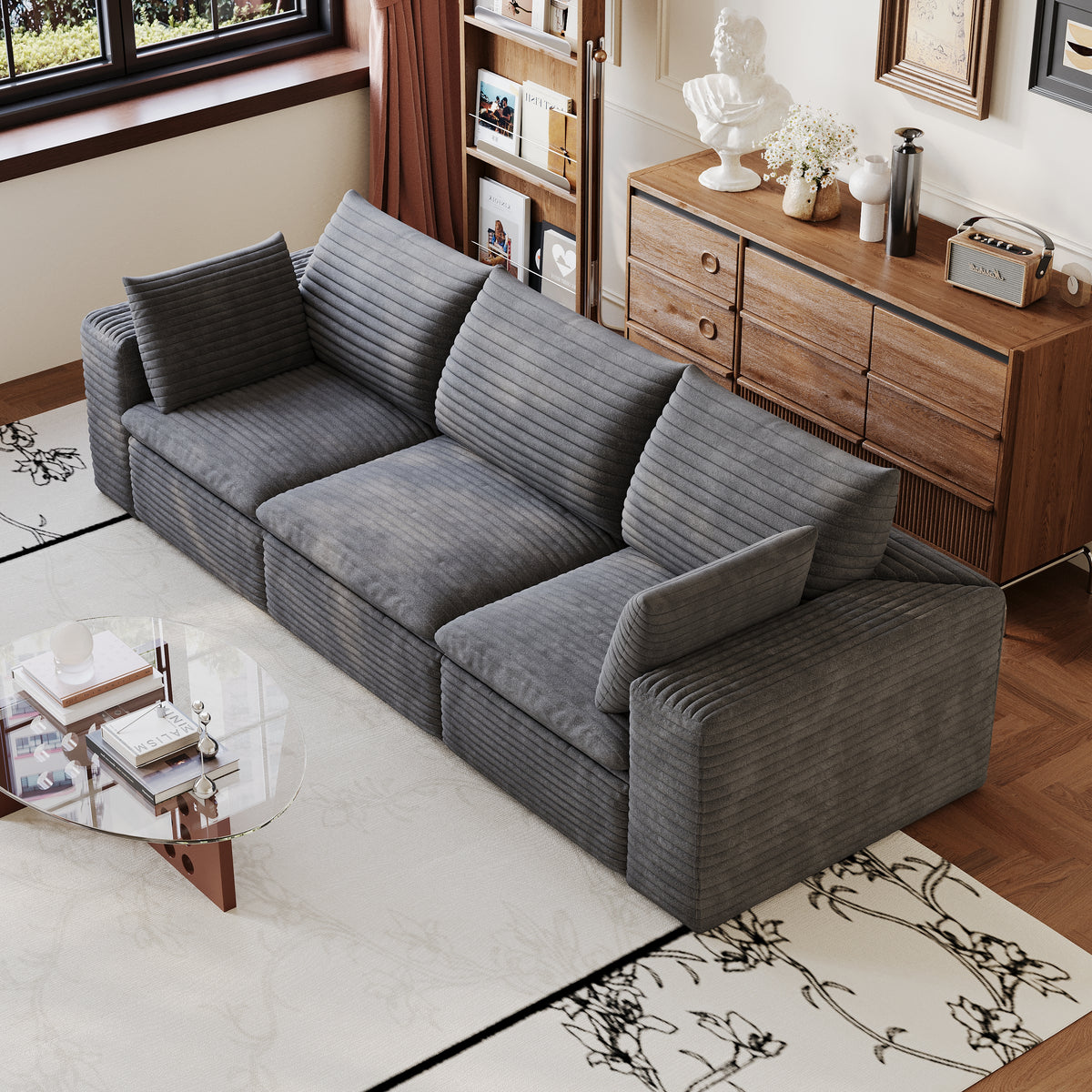Cloud Sofa 102-Inch, Corduroy Fabric Deep Seat, Dark Grey