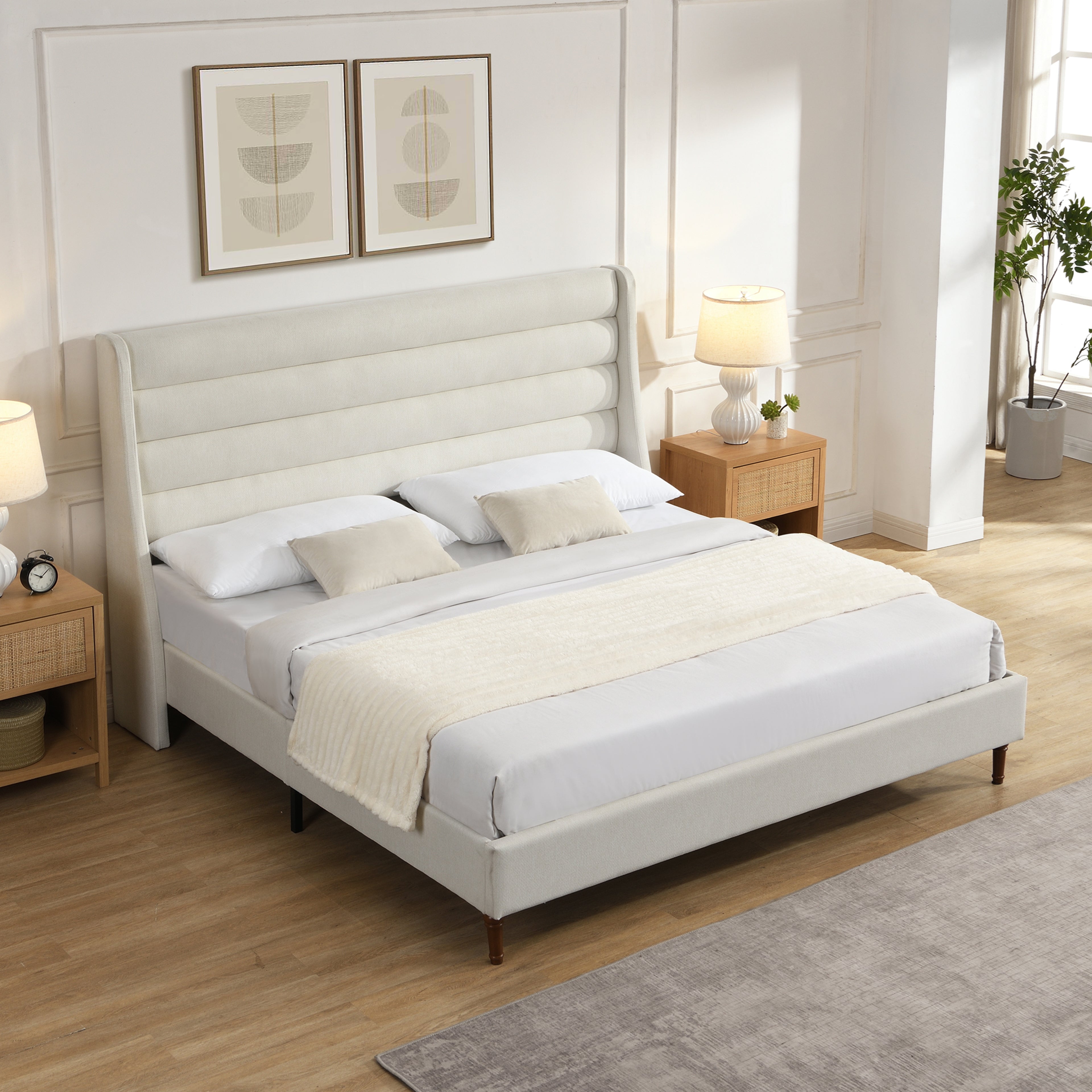 King Size Bed Frame with High Wave-Shaped Headboard
