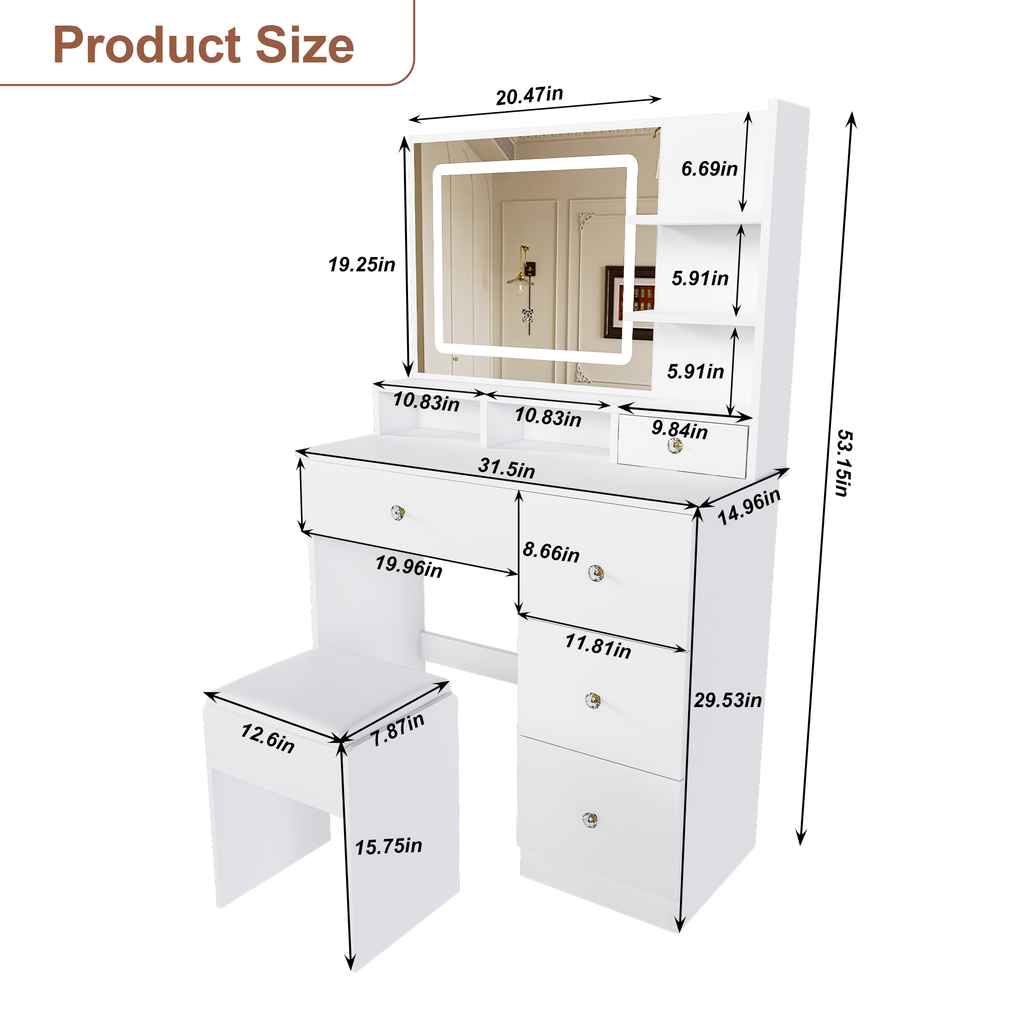 Fashion Vanity Desk with Mirror & 3-Color Dimmable LED Lights