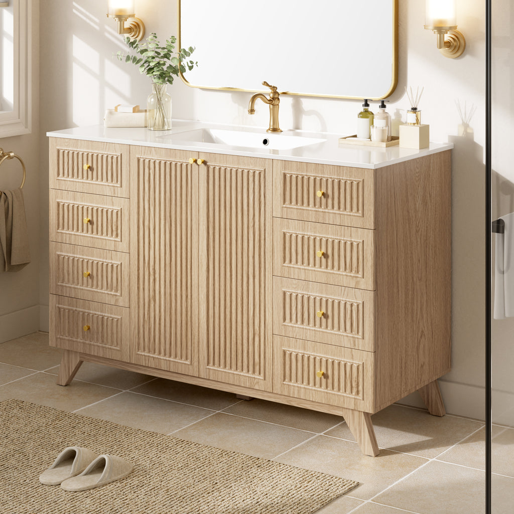 [Video]47.56" Freestanding Single-Sink Bathroom Vanity with SMC Top, MDF Cabinet, 8 Drawers, 2 Soft-Close Doors and Gold-Tone Aluminum Alloy Handles
