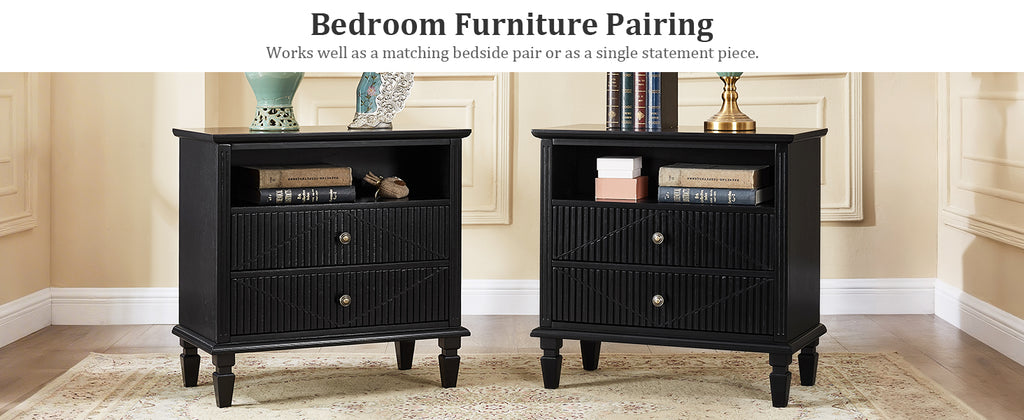 Farmhouse Nightstand with Charging Station, 2-Drawer Engineered Wood Storage Cabinet, Bedside Table for Bedroom