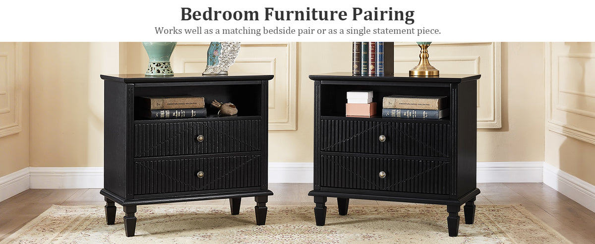 Farmhouse Nightstand with Charging Station, 2-Drawer Engineered Wood Storage Cabinet, Bedside Table for Bedroom
